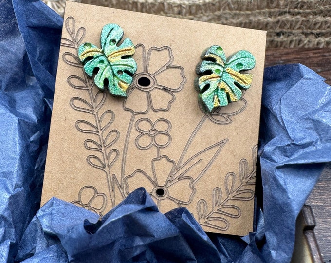 Variegated Monstera Studs in a wood gift box