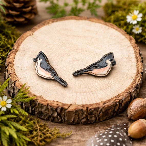 Wooden Titmouse Stud Earrings, Hand Painted (Lightweight, Small Size)
