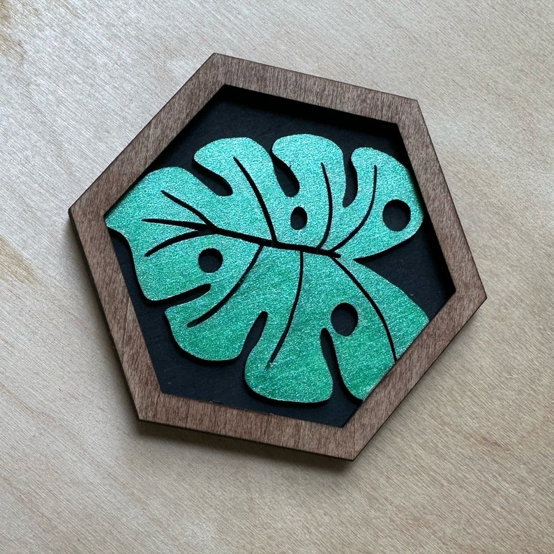 Laser Cut and Handpainted Wood Hexagon Wall Mural Tiles House Plant Themed in Black, Walnut