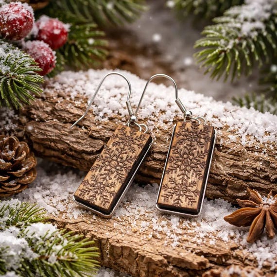 Snowflake Earrings: Laser Engraved Cherrywood - Lightweight, Natural Finish
