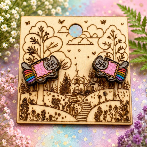 Kawaii Nyan Cat Meme Stud Earrings- Hand-painted Lasercut Wood