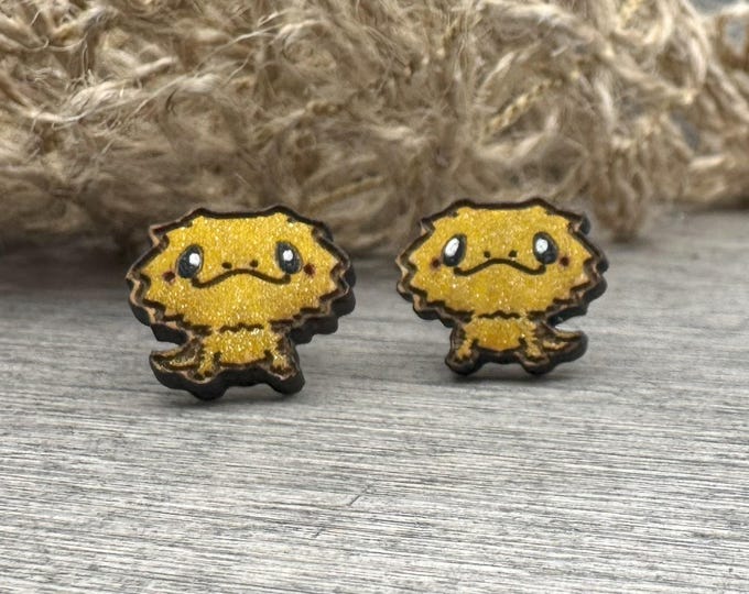 Bearded Dragon Post Earrings, Painted Wood Lizard Studs Jewelry