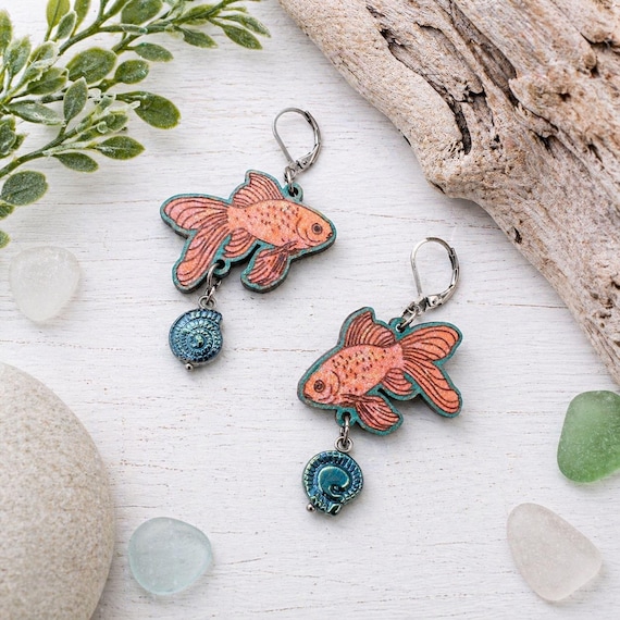 Goldfish Hand-painted Wood Leverback Dangle Earrings