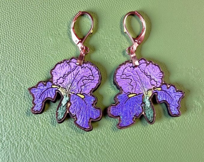 Wooden Iris Earrings: Purple Floral Design - Rose Gold Leverback Hooks