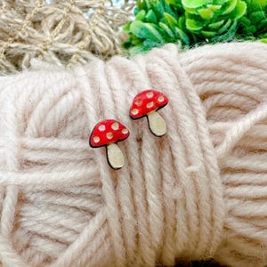 Laser cut and hand painted mini red and white mushroom earrings