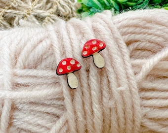 Laser cut and hand painted mini red and white mushroom earrings