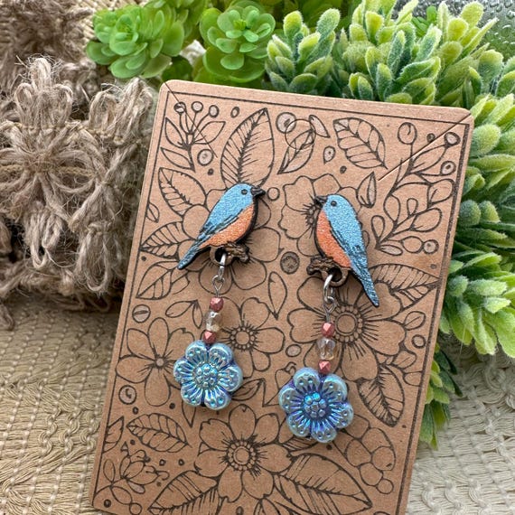 Hand-painted Wood Bluebird Earrings with Blue Czech Glass Flower Dangle