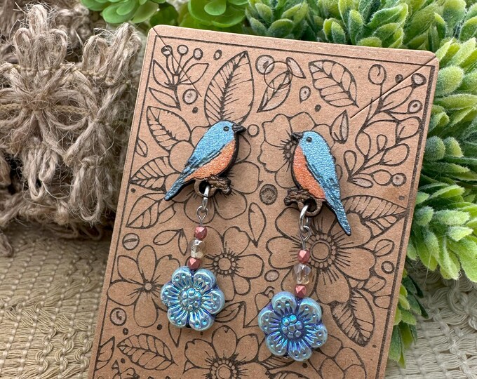 Featured listing image: Hand-painted Wood Bluebird Earrings with Blue Czech Glass Flower Dangle