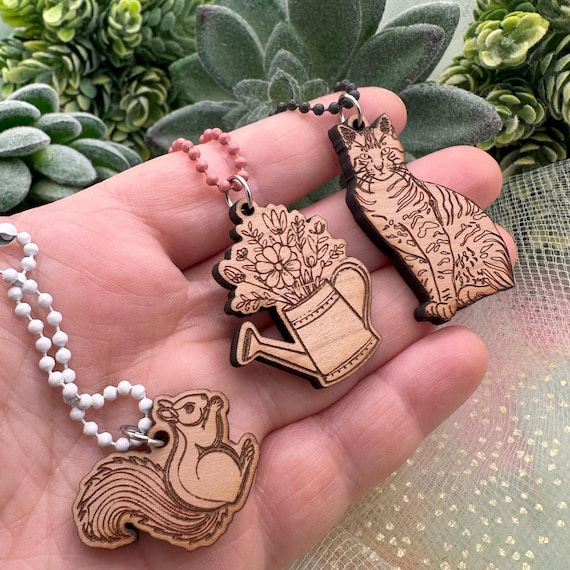 Cherry Wood Keychain Charms, Animal Designs (Custom Name Engraved)