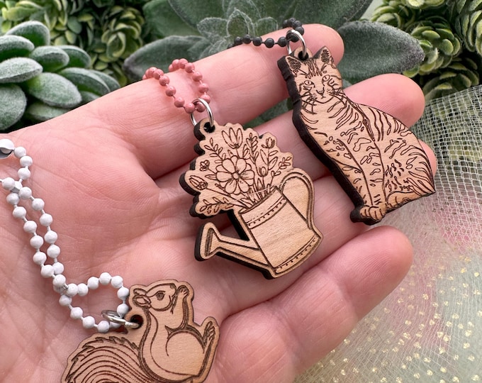 Animal Cherry Wood Keychain Charms- 3 styles- Tabby Cat or Flowers or Squirrel
