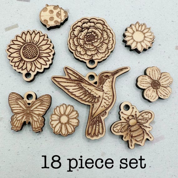 Laser Cut Wood Earring Blanks | Hummingbird, Bee, Butterfly, Flower Charms (18 Piece Set)