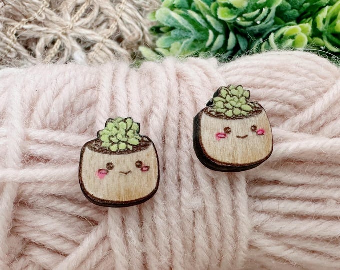 Cute Succulent Pot Earrings, Wood Plant Earrings, Lightweight Cactus Earrings, Houseplant Earring Gift, Kawaii Plant Jewelry