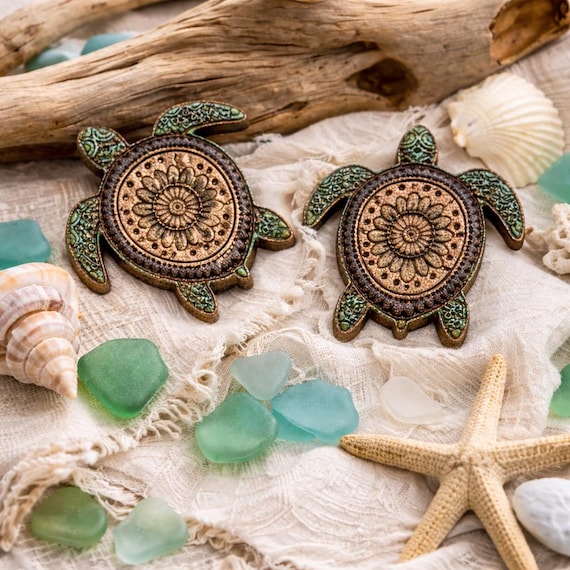 Hand-Painted Sea Turtle Stud Earrings: Basswood Ocean Jewelry