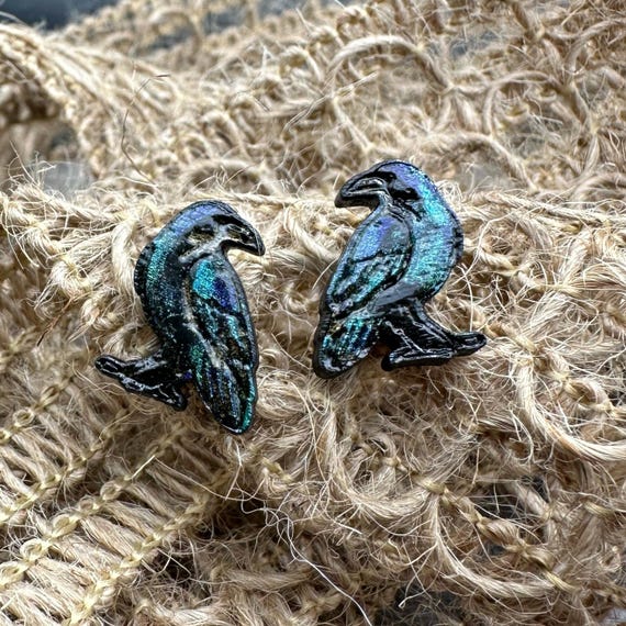 Crow Earrings for Your Shiny Object Collection - Hand Painted, Laser Cut Wood Bird Studs