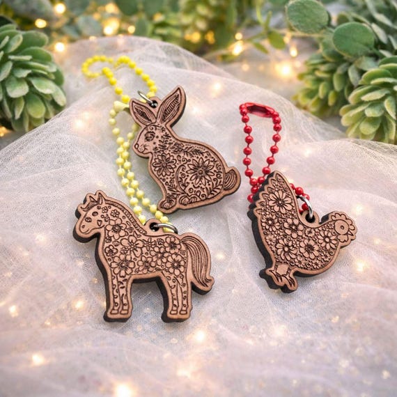 Floral Animal Keychain Charms: Cherry Wood Cutouts (Personalized Name)