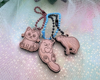 Cherry Wood Keychain Charms- 3 styles- capybara or cat or otter