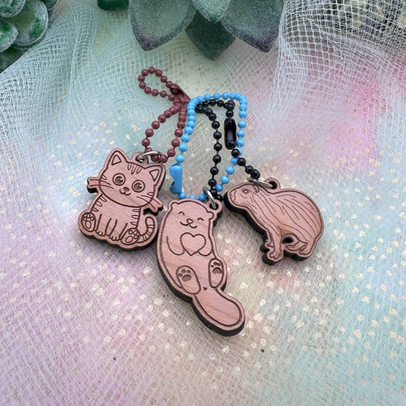 Cherry Wood Keychain Charms- 3 styles- capybara or cat or otter