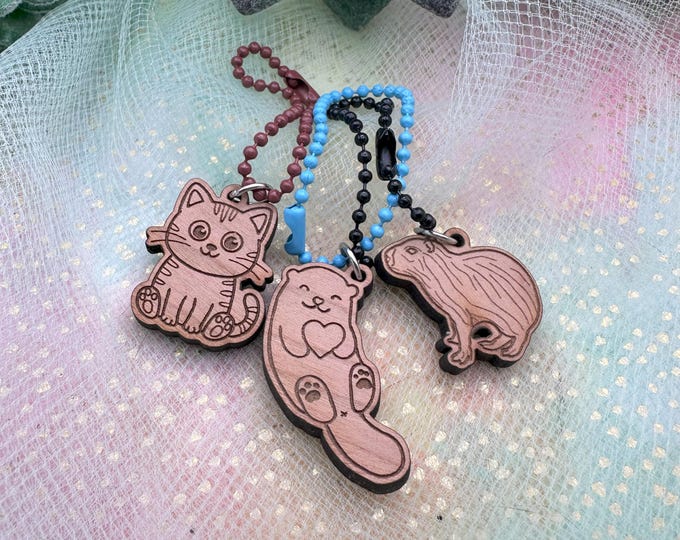 Cherry Wood Keychain Charms- 3 styles- capybara or cat or otter