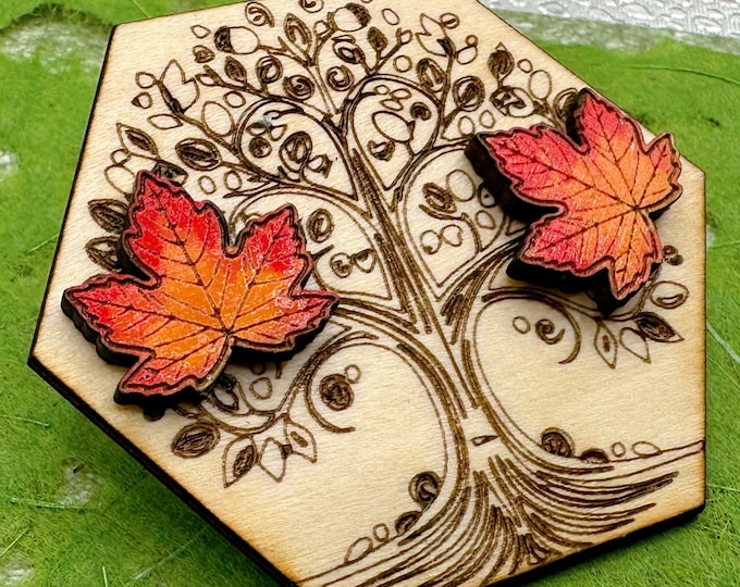 Maple Leaf Wood Stud Earrings- Hand Painted and Laser Cut