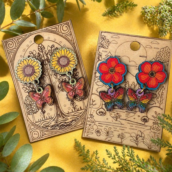 Colorful Butterfly Earrings, Hand-Painted Wood (Sunflower & Rainbow)