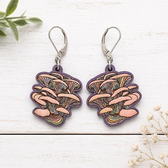 Rainbow Oyster Mushroom Earrings – Hand Painted Cherry Wood Dangles- Wildwood Collection