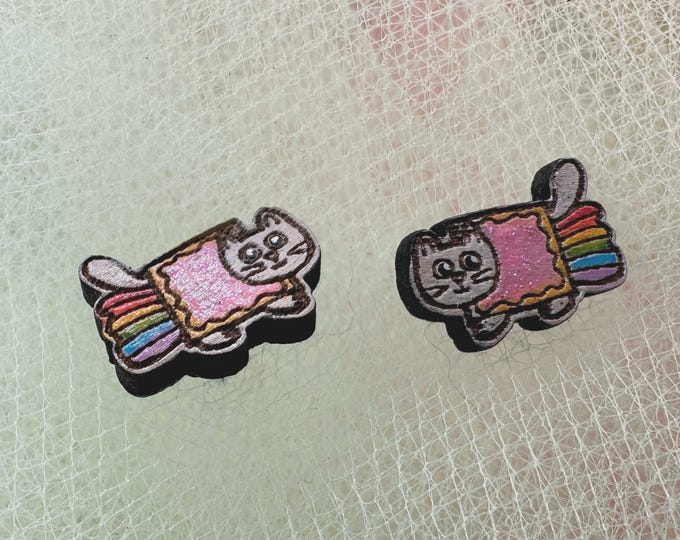 Kawaii Nyan Cat Meme Stud Earrings- Hand-painted Lasercut Wood