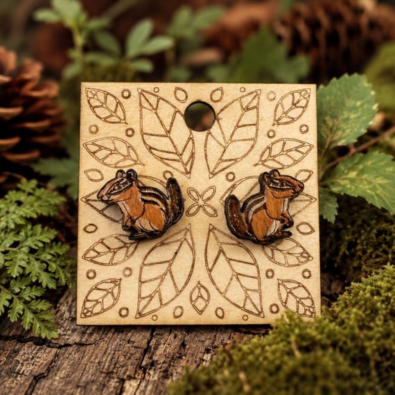 Chipmunk Stud Earrings | Hand Painted Woodland Jewelry | American Basswood | Stainless Steel Posts