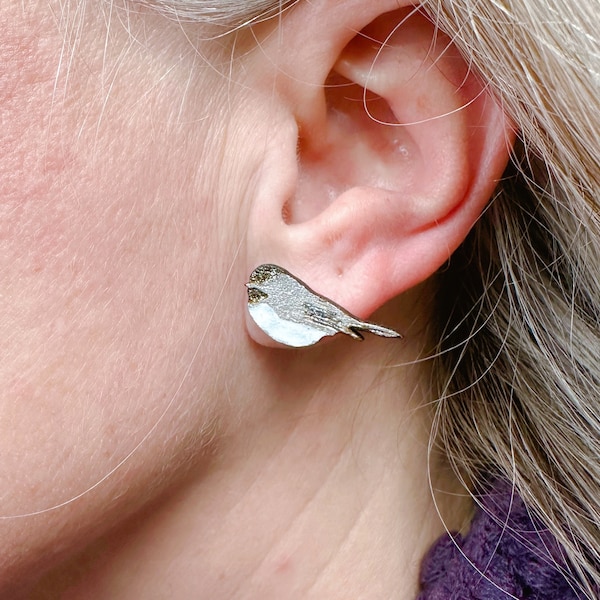 Bird-lover Chickadee Wood Gold Painted Earrings, Nature Bird Studs, Colorful Mom Grandma Jewelry, Lightweight Wood Posts