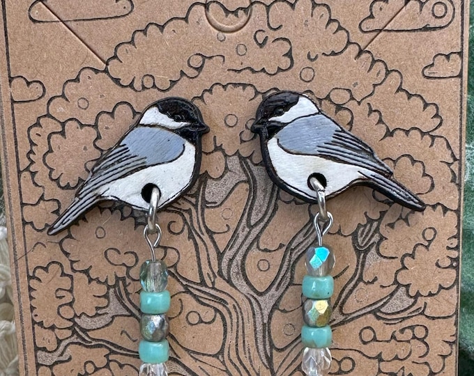 Wood and Czech Glass Chickadee Earrings