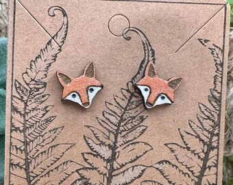 Woodland Fox Wood Painted Earrings, Nature Wildlife Studs