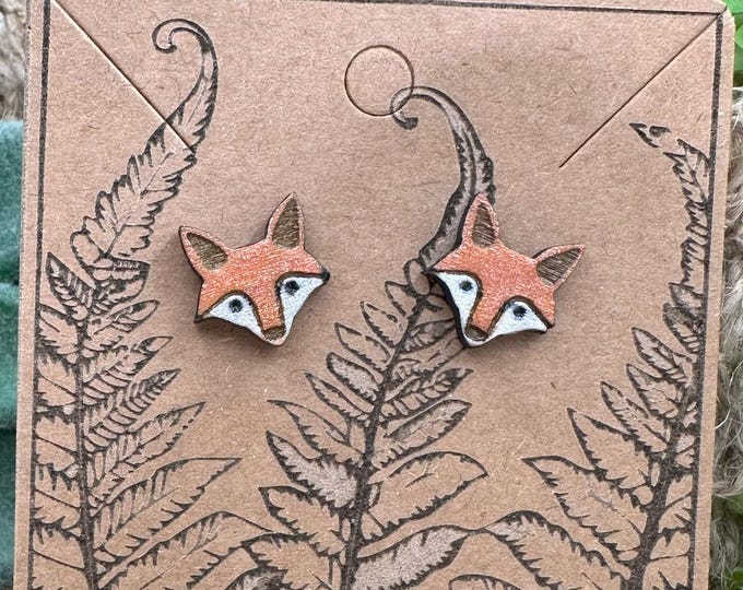 Woodland Fox Wood Painted Earrings, Nature Wildlife Studs