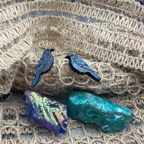 Corvid Wood Earrings: Iridescent Crow Design - Hand Painted