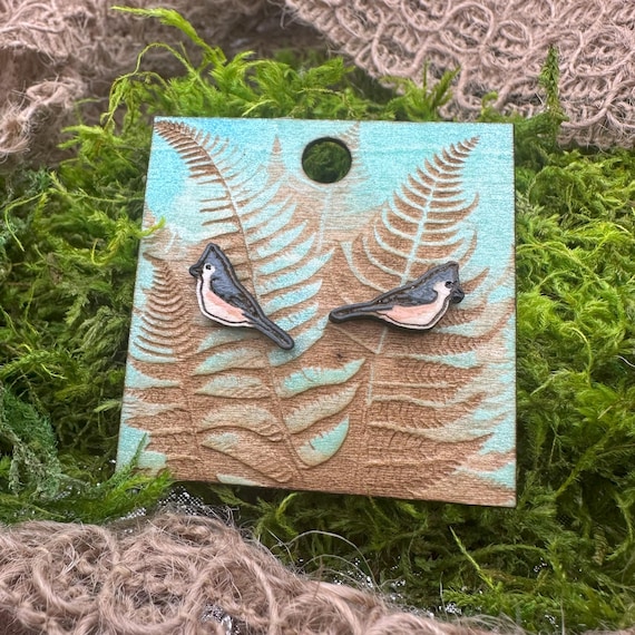 Wooden Titmouse Stud Earrings, Hand Painted (Lightweight, Small Size)