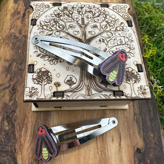 Hand-Painted Lightning Bug Hair Clips – Pair of Wooden Firefly Hair Accessories