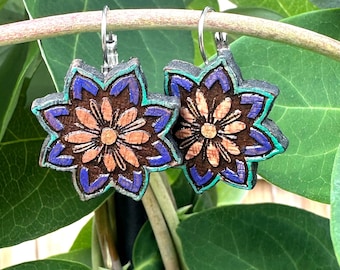 Laser Cut Hand Painted Mahagony Wood Earrings with Stainless Steel Leverback Findings for Jewelry