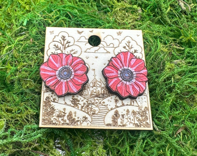 Red Anemone Flower Stud Earrings – Hand Painted Laser Cut Wood Jewelry