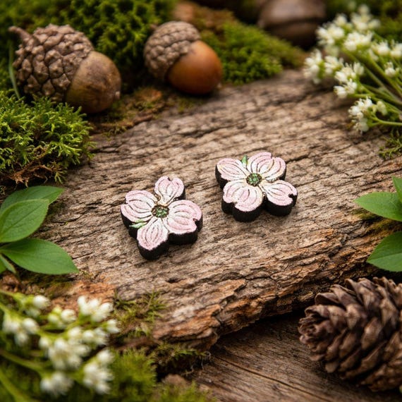 Dogwood Flower Earrings: Pink Wood Studs - Hand Painted Detail
