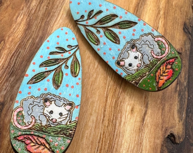 Opossum Hair Clips Laser Cut from Wood and Hand Painted