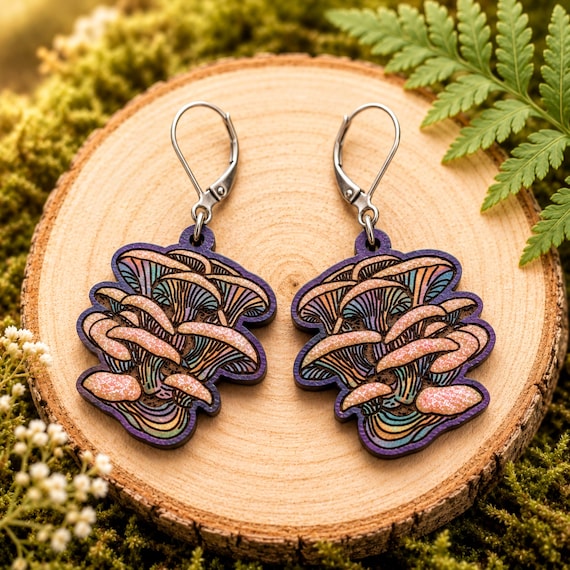 Rainbow Oyster Mushroom Earrings – Hand Painted Cherry Wood Dangles- Wildwood Collection