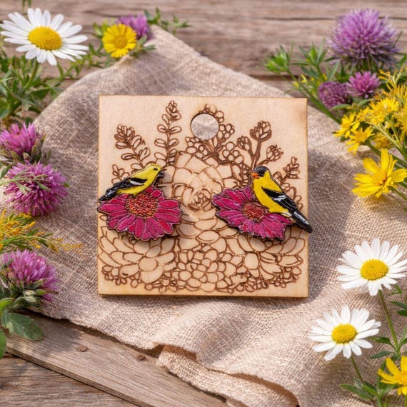 Goldfinch Earrings: Male and Female on Purple Coneflower