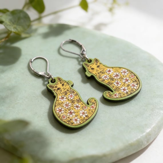 Kitty Leverback Earrings: Floral Wood Design - Lightweight Spring Style