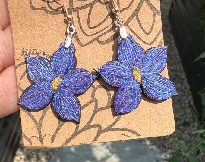 Colorshift Blue Orchid Earrings in a wood gift box