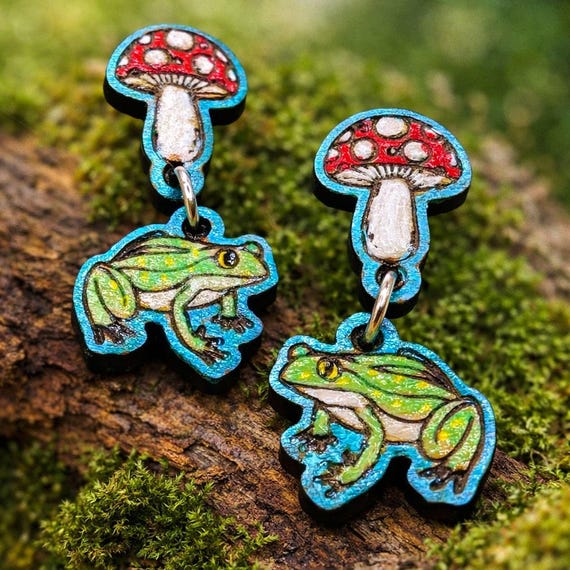 Frog Mushroom Earrings – Whimsical Woodland Style Jewelry