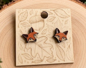 Woodland Fox Wood Painted Earrings, Nature Wildlife Studs
