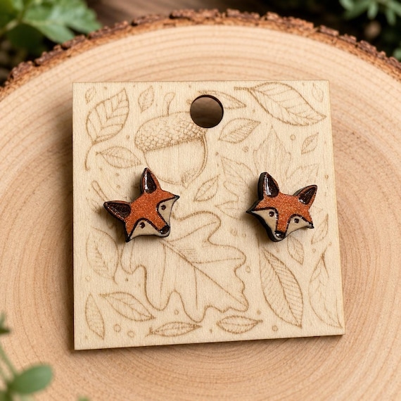 Woodland Fox Wood Painted Earrings, Nature Wildlife Studs