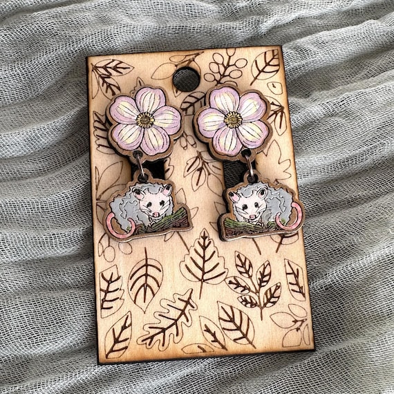 Opossum & Spring Beauty Flower Earrings