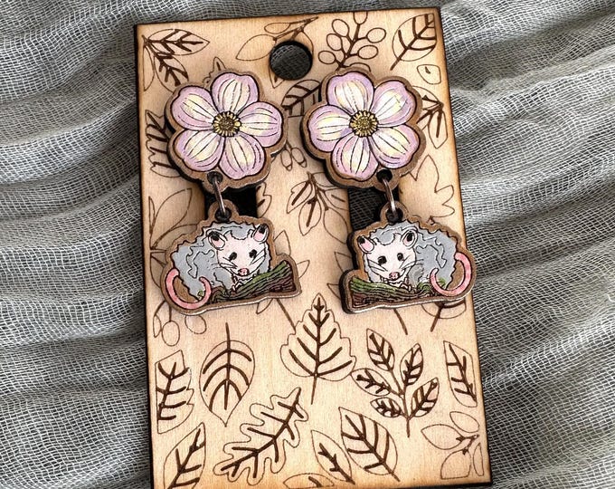 Opossum & Spring Beauty Flower Earrings