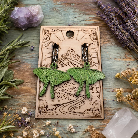 Luna Moth Earrings - Hand Painted Wood with Subtle Glitter