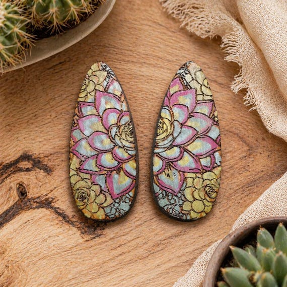 Succulents Hand Painted Cherry Wood Hair Clip