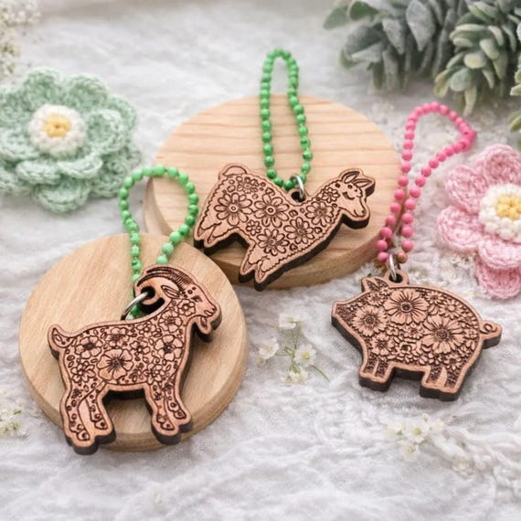 Floral Animal Cherry Wood Keychain Charms- 3 styles- Lama or Pig or Goat